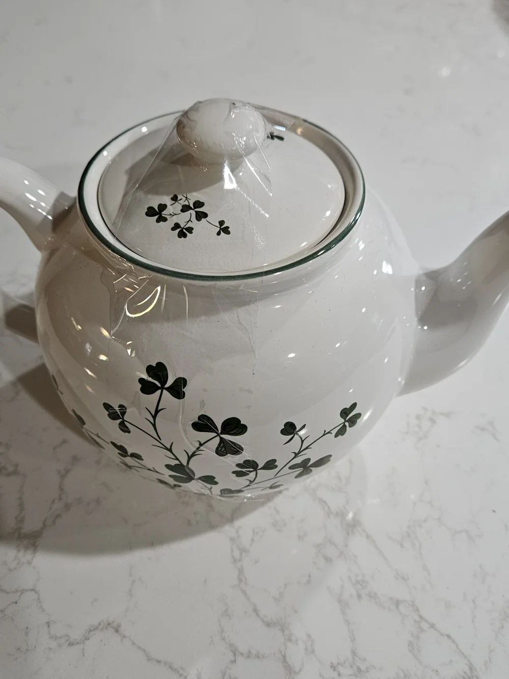 Bewley Irish Imports Green White Ceramic Teapot with Green Clover Design